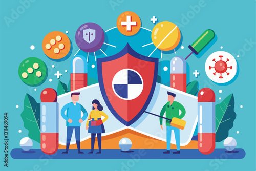 A group of individuals engages with health-related symbols showing vaccination, medicine, and wellness themes, protect drugs