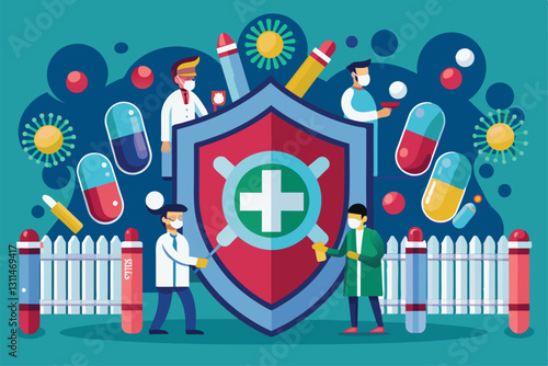 Two medical professionals work together to ensure the safety of medications in a colorful lab environment, protect drugs