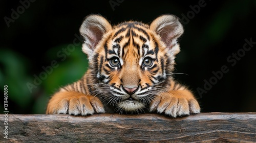 Adorable tiger cub peering over a log.