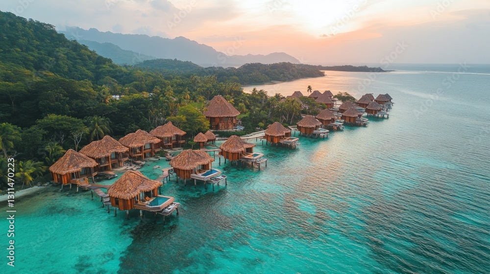 Fototapeta premium Tropical overwater bungalows at sunset