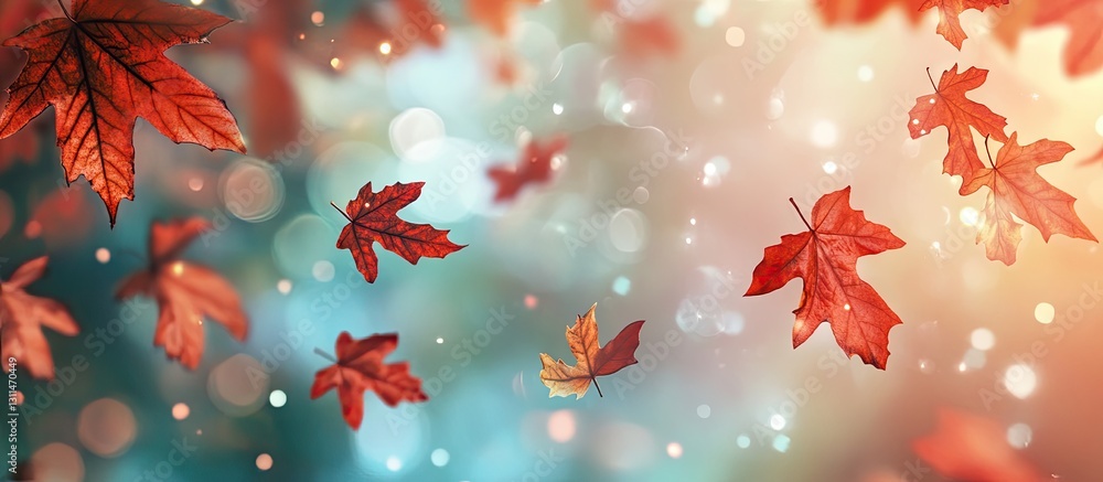 Vibrant autumn leaves in red and orange float on a blurred bokeh background of cool blue and warm light gradients creating a dreamy atmosphere Vibrant autumn leaves in red and orange float on a blurred bokeh background of cool blue and warm light gradients creating a dreamy atmosphere