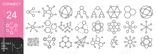 Connect and Semantic Network Line Icon Set – 24 Vector Outline Icons of Data Links, AI, Neural Networks, Digital Connections, and Web Structures with Editable Stroke