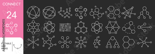 Connect and Semantic Network Line Icon Set – 24 Vector Outline Icons of Data Links, AI, Neural Networks, Digital Connections, and Web Structures with Editable Stroke