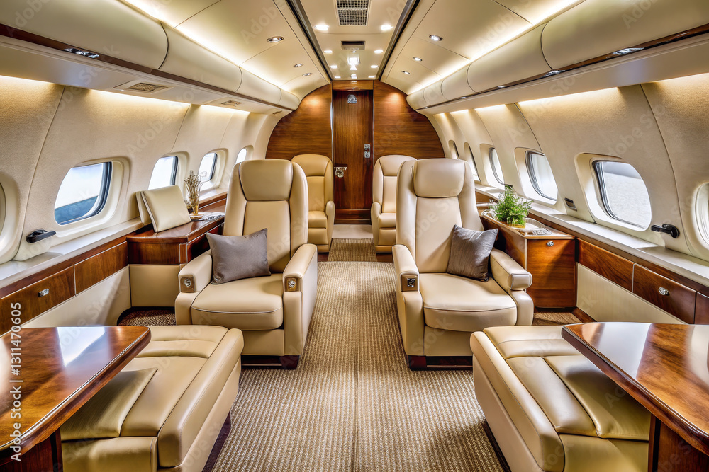 Luxurious private jet interior with leather seats and wooden accents Luxurious private jet interior with leather seats and wooden accents