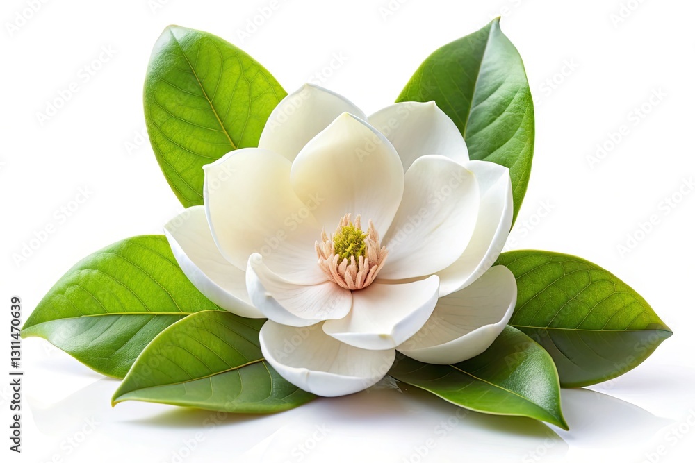Tilt-shift macro photography showcases a pristine white magnolia bloom and vibrant green leaves against a pure white backdrop. Tilt-shift macro photography showcases a pristine white magnolia bloom and vibrant green leaves against a pure white backdrop.
