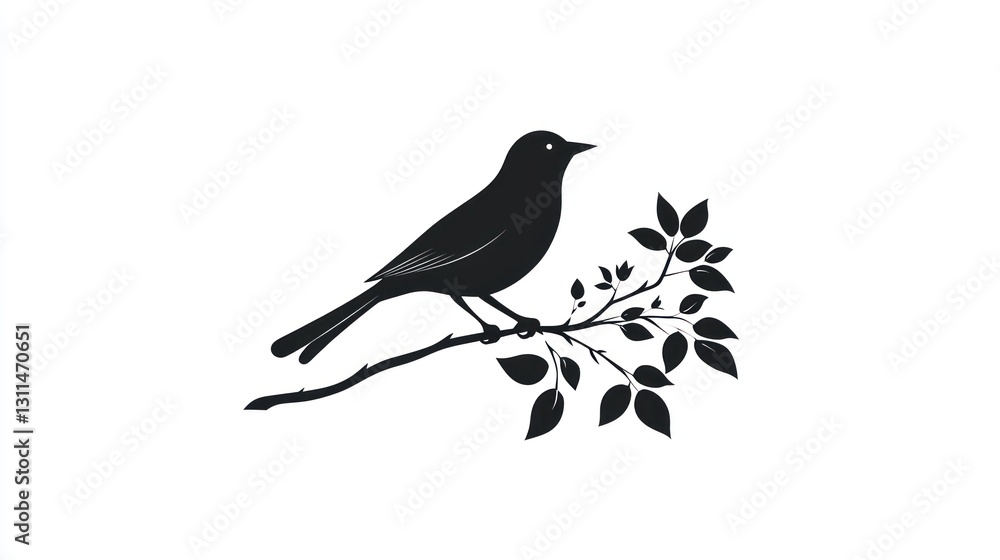 Silhouette of bird on branch with leaves. Possible use Decorative image for nature-themed prints Silhouette of bird on branch with leaves. Possible use Decorative image for nature-themed prints