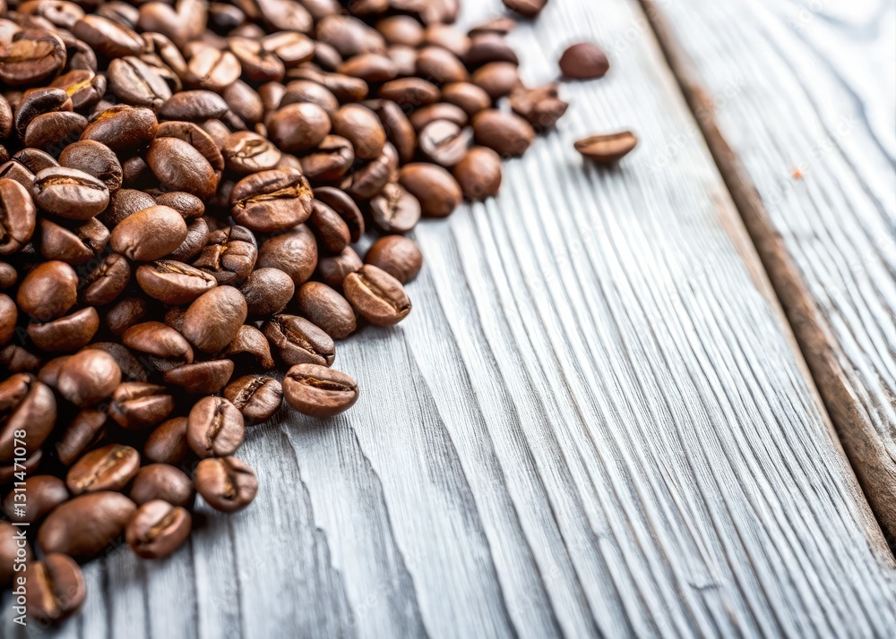 Top-down view of coffee beans, bokeh blur, white wood background. Perfect for coffee-themed designs. Top-down view of coffee beans, bokeh blur, white wood background. Perfect for coffee-themed designs.