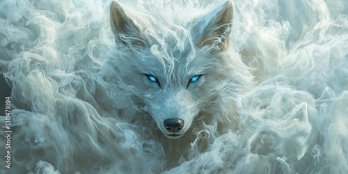 A mesmerizing digital painting of a white-wolf's face, featuring piercing blue eyes. Its fur blends white, gray, and hints of blue, evoking a surreal, dreamlike aura photo