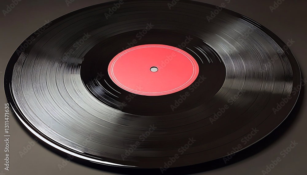 Black Vinyl Record with Red Label Close-Up Black Vinyl Record with Red Label Close-Up