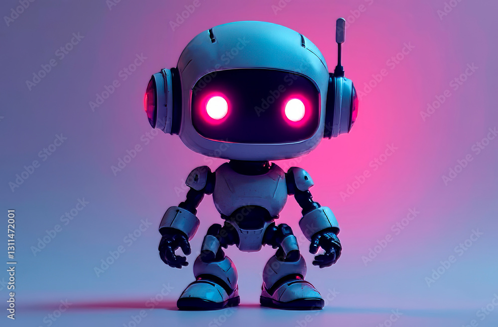 Cute neon robot on a neutral background. Futuristic and minimalistic concept of robotics and artificial intelligence. Ideal for technology branding, advertising, and innovative design. Cute neon robot on a neutral background. Futuristic and minimalistic concept of robotics and artificial intelligence. Ideal for technology branding, advertising, and innovative design.