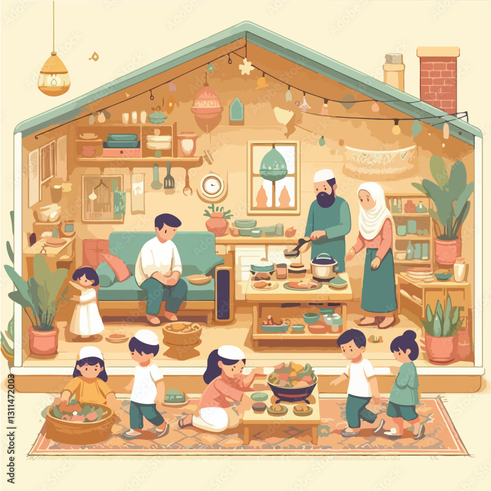 Obraz premium A cozy family Eid gathering in a tiny home, with children playing and parents preparing food, illustrated in a warm and pastel flat design