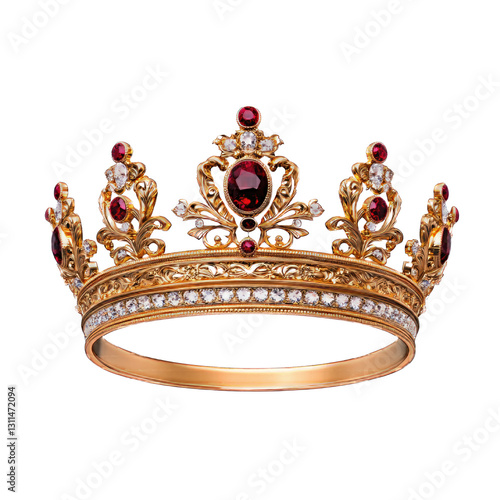 A luxurious golden crown adorned with sparkling gemstones.