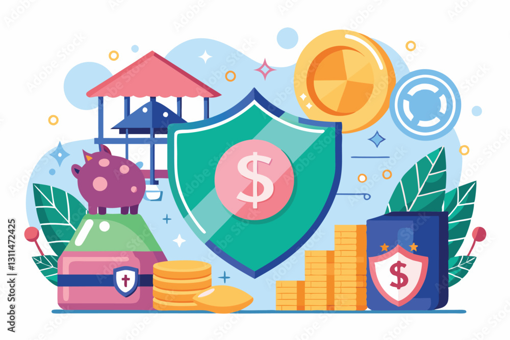 A vibrant illustration showing various symbols of money protection, featuring coins and saving methods, Protection of money and savings, A vibrant illustration showing various symbols of money protection, featuring coins and saving methods, Protection of money and savings,