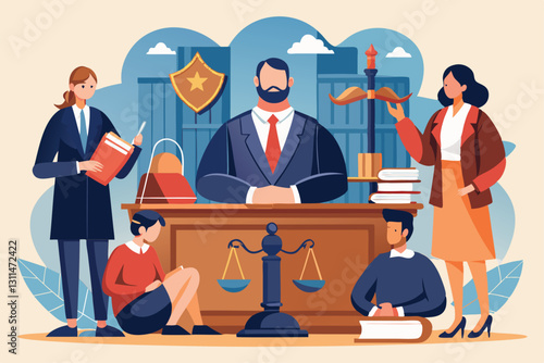 A diverse group of legal professionals provides support to clients in a court office, emphasizing rights protection, Protection of rights and legal support, court,