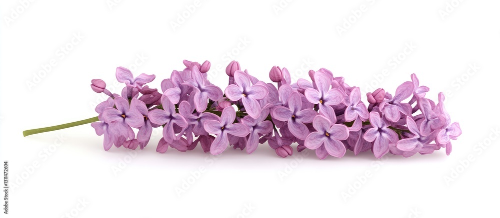 Fototapeta premium Gentle lilac flowers arranged horizontally on a clean white background with negative space for text showcasing a serene and tranquil feel