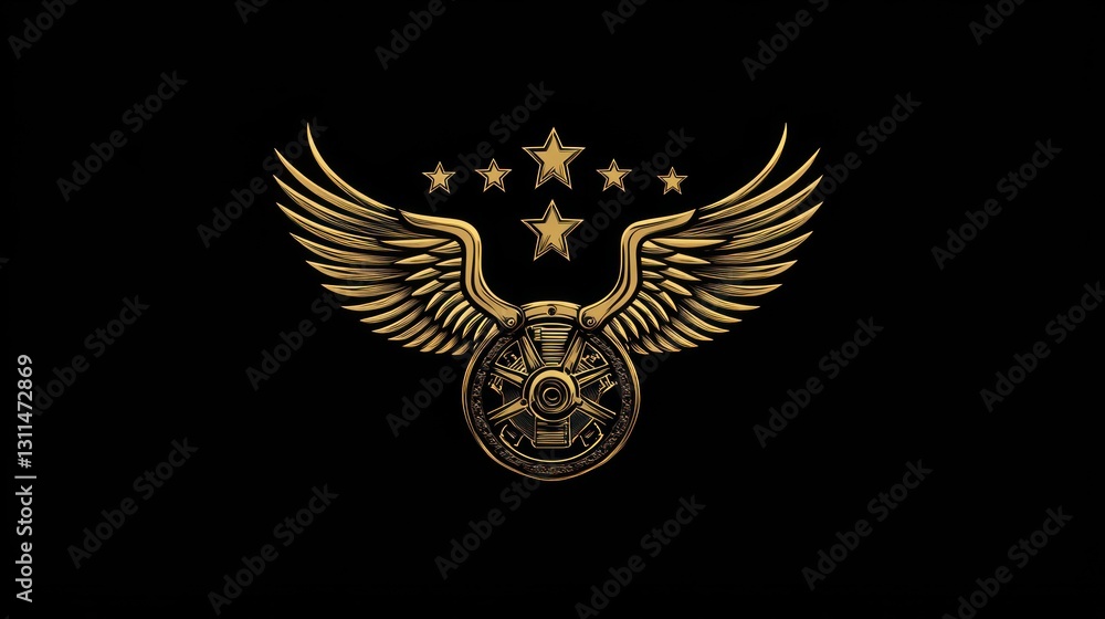 Obraz premium Gold wings emblem with mechanical gear, stars background. Possible use Design element, graphic for website, merchandise design, etc.