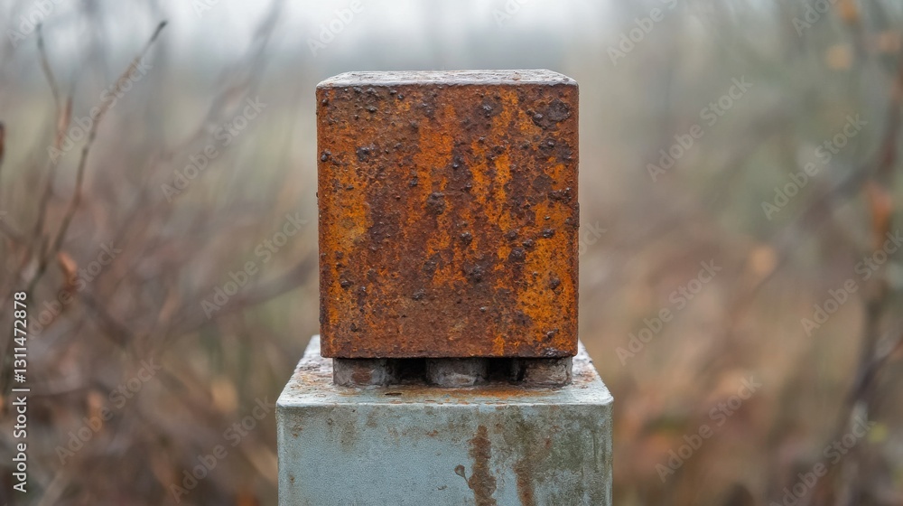Rusty cube sculpture on metal post in natural environment Rusty cube sculpture on metal post in natural environment