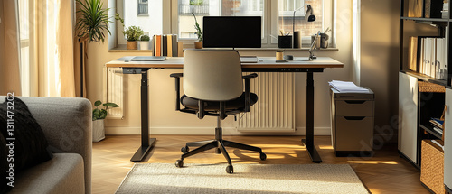 Stylish home office with standing desk, comfortable chair, and laptop, remote work setup, open copy space on side-5