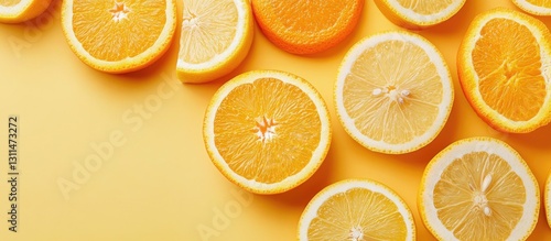 Vibrant arrangement of fresh orange and lemon slices on a sunny yellow surface showcasing a healthy vegetarian theme with bright citrus colors.