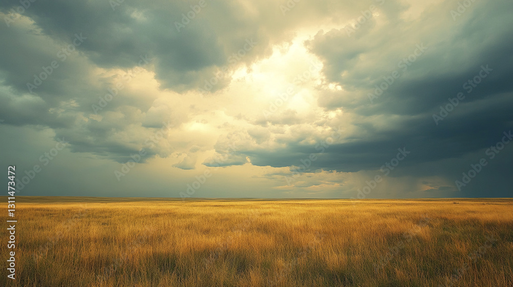 Golden grasslands under stormy sky with dramatic clouds Golden grasslands under stormy sky with dramatic clouds