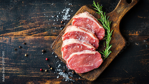 Overhead shot of fresh raw pork steaks seasoned with salt and pepper on a rustic wooden board with rosemary.