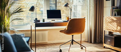 Cozy remote workspace with modern desk, ergonomic chair, and laptop, natural lighting, clean side copy space-1