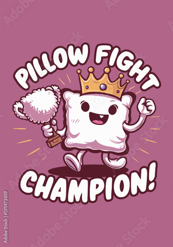 International Pillow Fight Day Vector Illustration | Fun Pillow Battle, Cute Pillow Character, T-Shirt, Poster, Sticker, Social Media Post | Solid Colors, No Gradients