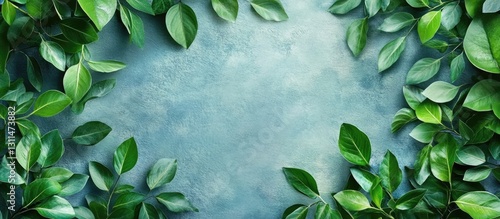 Lush green leaves framing a textured teal background with soft gradients highlighting nature's beauty and freshness in a serene composition.
