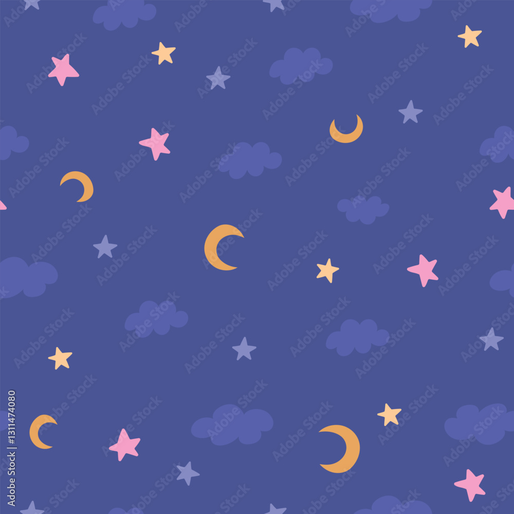 Naklejka premium night dreamy cute nursery seamless pattern with little stars, clouds and crescent moon, on dark background