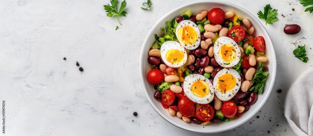 Vibrant bowl of mixed vegetable salad with cherry tomatoes, boiled eggs, various beans, and fresh parsley on a light background Vibrant bowl of mixed vegetable salad with cherry tomatoes, boiled eggs, various beans, and fresh parsley on a light background