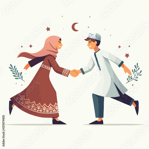 A minimalist flat design of two friends exchanging Eid greetings with a handshake, wearing traditional clothes, with soft shadows on a white background
