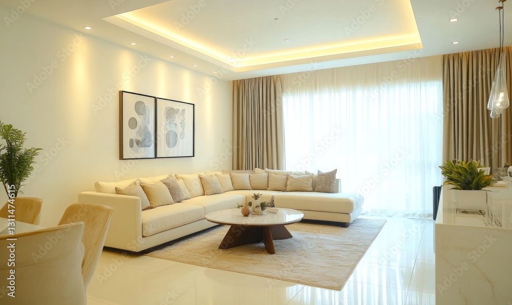 Modern living room with L-shaped sofa, large windows, and neutral decor. Modern living room with L-shaped sofa, large windows, and neutral decor.