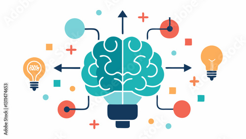 Visual Brainstorming A brain composed of circuit patterns and light bulbs with arrows pointing towards various icons like articles images and videos symbolizing creative ideas.