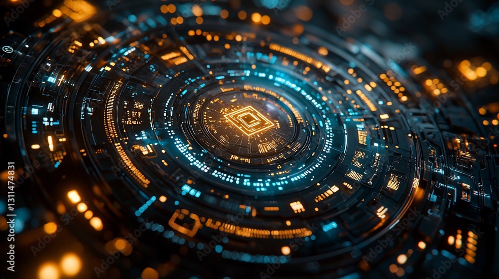 Futuristic digital circuit design showcasing vibrant blue and orange lights in a tech landscape Futuristic digital circuit design showcasing vibrant blue and orange lights in a tech landscape
