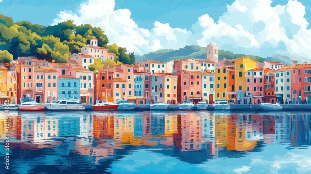 Obraz premium Colorful mediterranean village with vibrant buildings and boats reflected in water