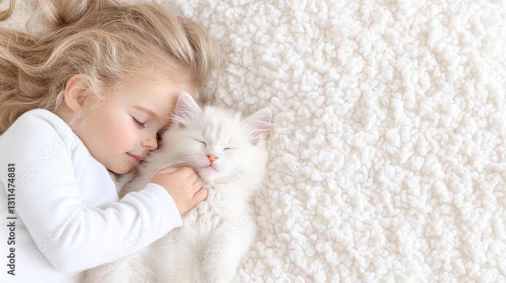 Sleeping Child Hugs Kitten On Plush White Carpet. Sleeping Child Hugs Kitten On Plush White Carpet.