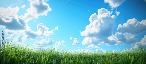 Vibrant green grass in the foreground with a bright blue sky and fluffy white clouds filling the upper half creating a serene nature scene