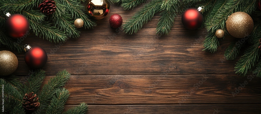 Christmas fir tree branches with red and gold ornaments on a rustic wooden table, featuring green foliage arranged around a cozy holiday setting. Christmas fir tree branches with red and gold ornaments on a rustic wooden table, featuring green foliage arranged around a cozy holiday setting.