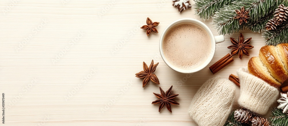 Cozy Christmas flat lay with hot coffee in white mug, croissants, cinnamon, star anise, and winter gloves on light wooden background. Cozy Christmas flat lay with hot coffee in white mug, croissants, cinnamon, star anise, and winter gloves on light wooden background.