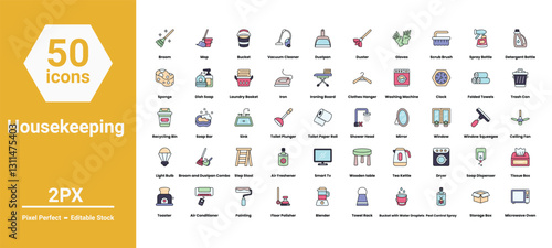 housekeeping icons set such as, broom,cleaning,clean,brush,cleaner,broomstick,halloween,housekeeping,mop,witch,sweeping, vector stock illustration