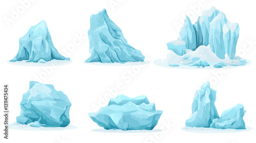 Blue crystal glacier formations. Various arctic ice structures of different heights and sizes, frozen mountain peaks, cliffs and floating fragments for winter game design. Iceberg isolated on white 