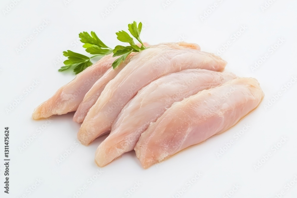 Raw chicken breast fillets and green herb on a white background Raw chicken breast fillets and green herb on a white background