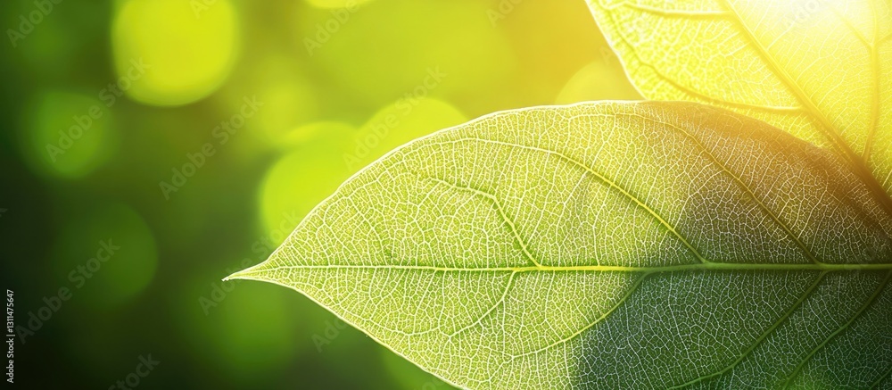 Obraz premium Close up of vibrant green leaves illuminated by sunlight showing intricate textures against a blurred natural background with ample copyspace