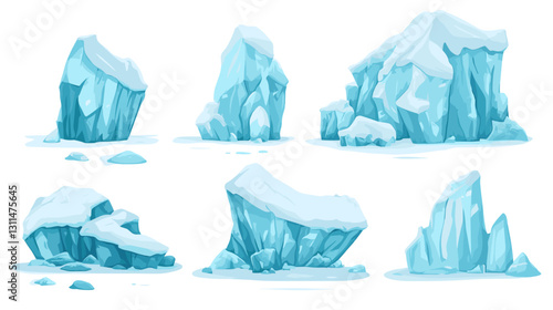 Blue crystal glacier formations. Various arctic ice structures of different heights and sizes, frozen mountain peaks, cliffs and floating fragments for winter game design. Iceberg isolated on white 