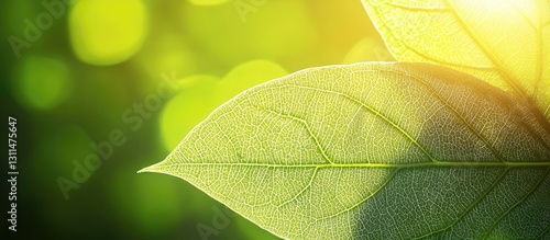 Close up of vibrant green leaves illuminated by sunlight showing intricate textures against a blurred natural background with ample copyspace