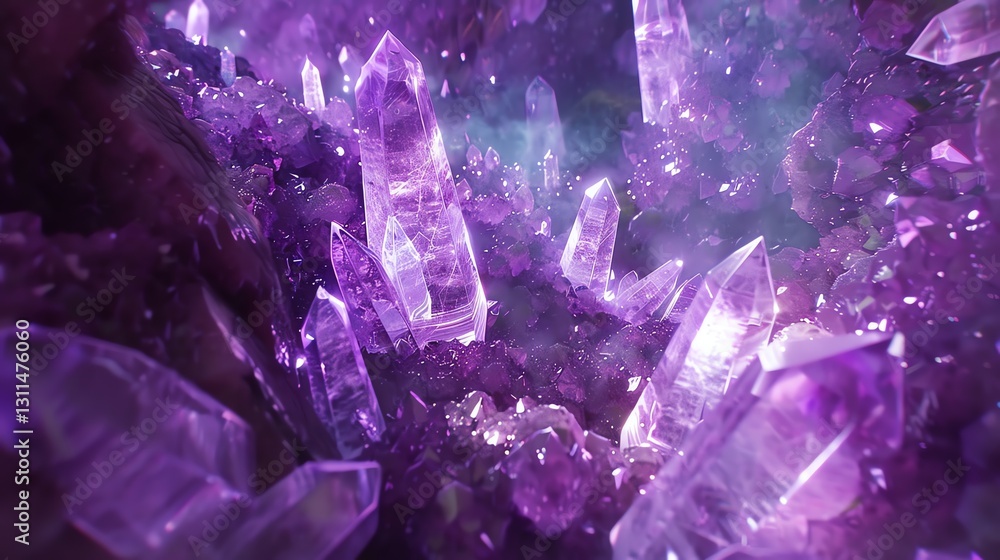 A close-up view of a cluster of purple crystals with a magical and ethereal glow. A close-up view of a cluster of purple crystals with a magical and ethereal glow.