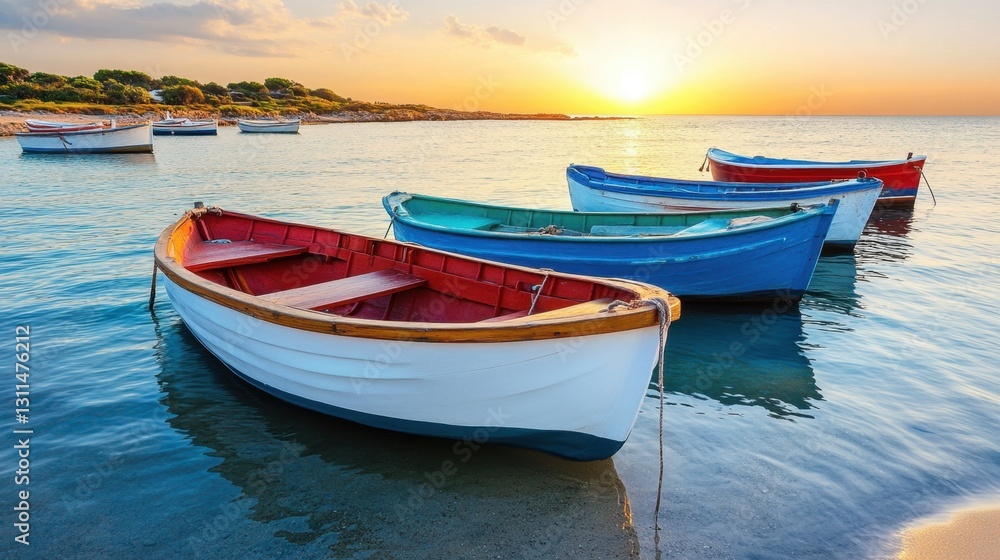 Group of various boats resting on a sandy shore under clear blue sky at a serene coastal location Group of various boats resting on a sandy shore under clear blue sky at a serene coastal location