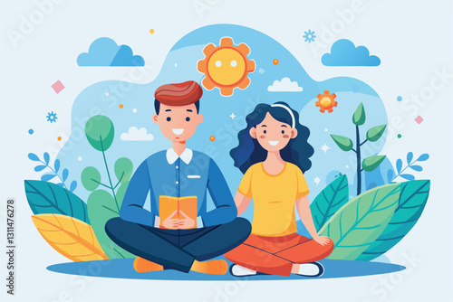 A child and an adult engage in mindfulness activities surrounded by colorful plants and sunshine, Psychological help and support, mindfulness, Cartoon flat vector illustration