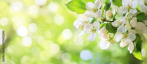 Delicate white apple tree blossoms with green leaves on a soft blurred green background creating a serene and vibrant spring atmosphere