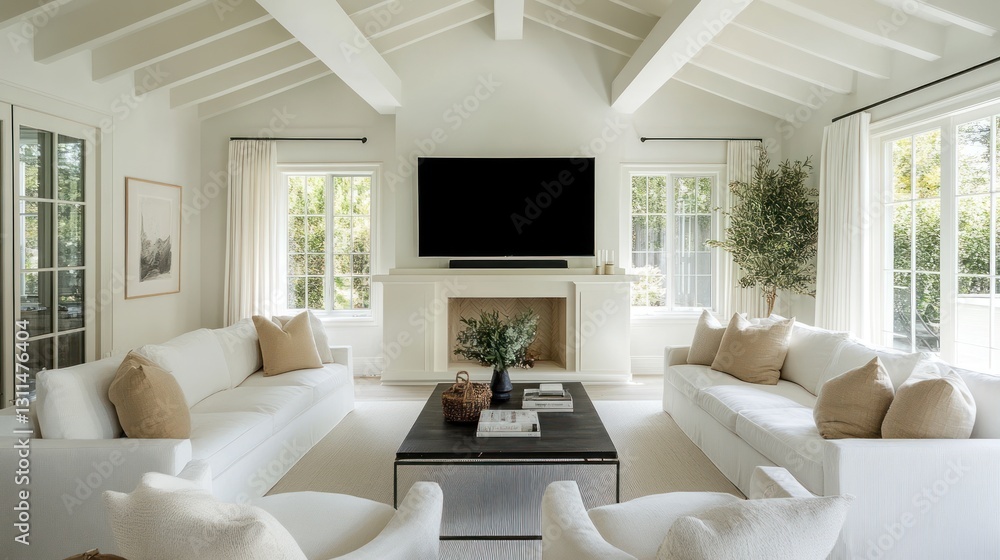 Modern living room, white sofas, fireplace, natural light, backyard view, home decor